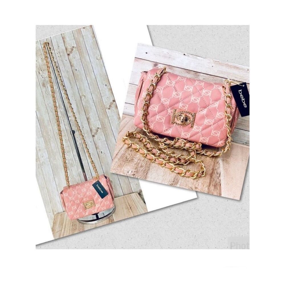 NWT BEBE Gorgeous Pink logo Liv Signature quilted gold chain Crossbody bag